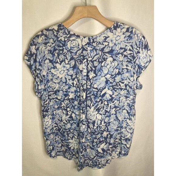 Liz Claiborne Summer Blouse Peasant L Blue Floral Top Button Up Sheer V-Neck - Picture 4 of 7